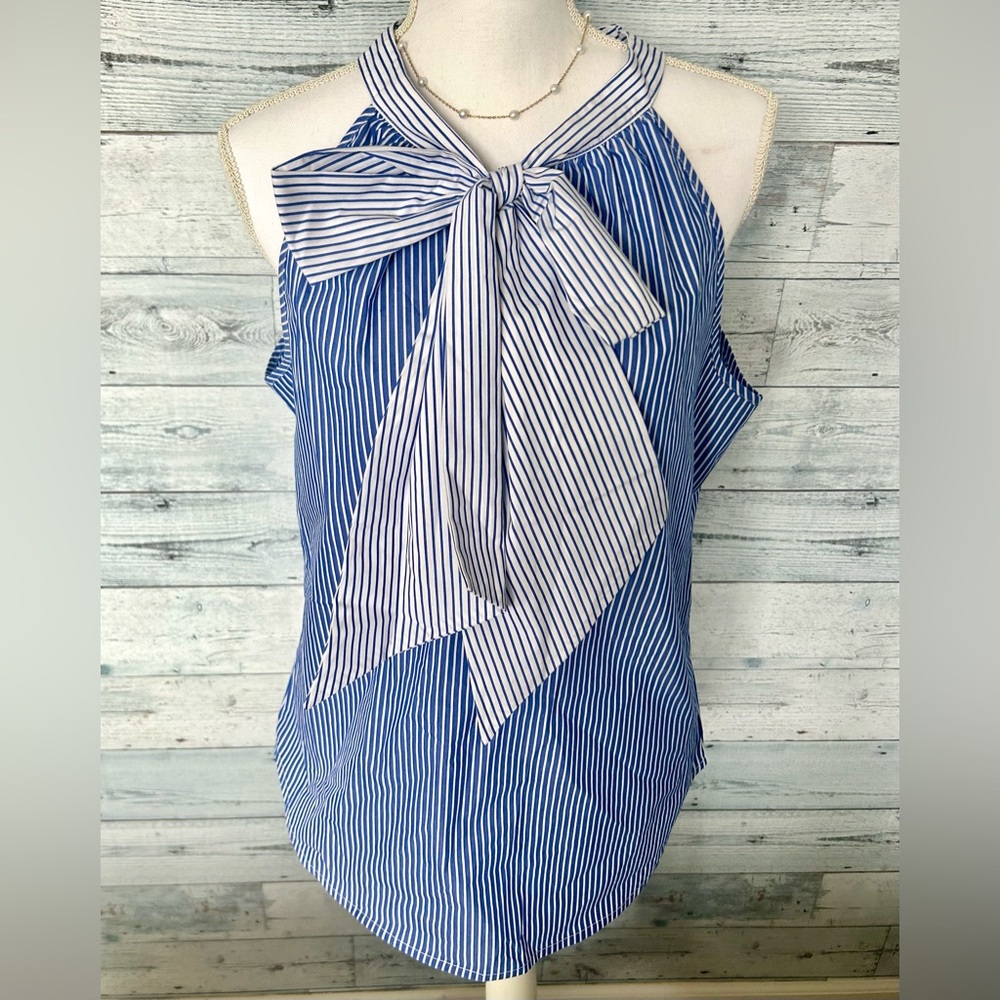 Avenue Blue and White Striped Tie-Neck Halter Camisole